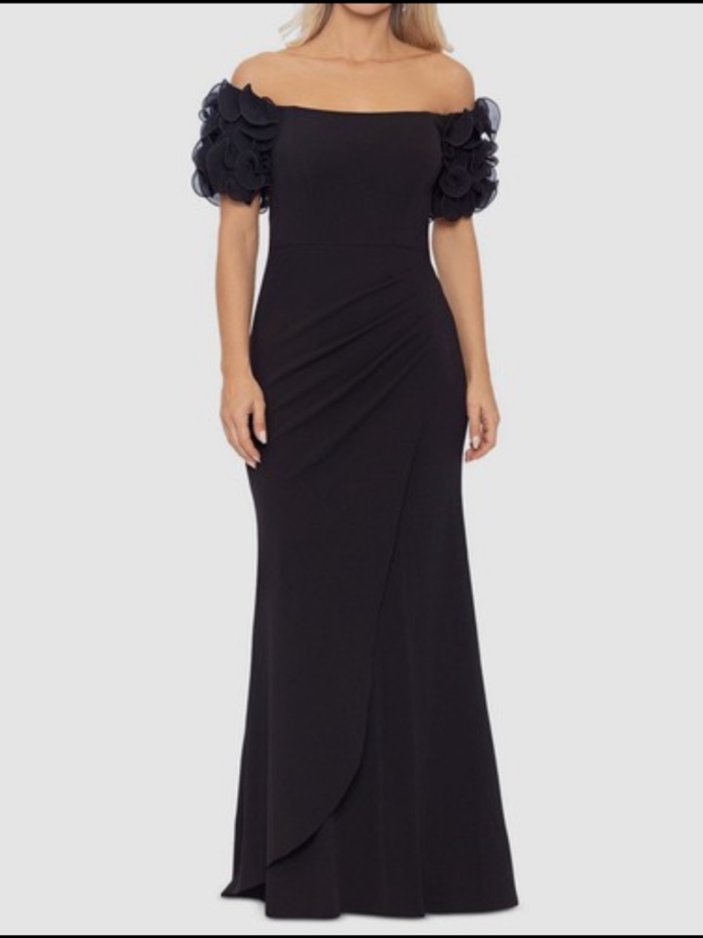XSCAPE Womens Black Zippered Lined Ruffle Sleeves Short Sleeve Off Shoulder Full